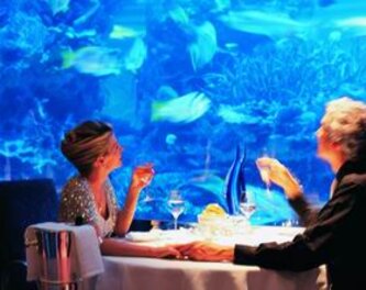 Ресторан Al Mahara (Burj Al Arab) выполнен в стиле подводной лодки и известен огромным аквариумом вместимостью более миллиона литров