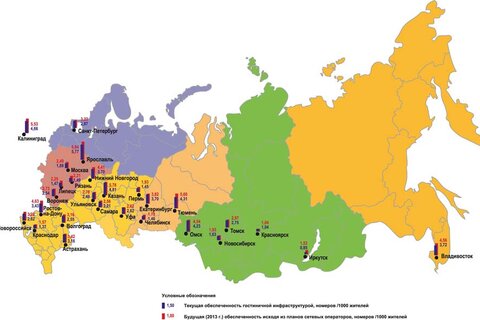 Карта 1. Текущая и перспективная (2013 год) обеспеченность населения городов России гостиницами (номеров/1000 жителей)